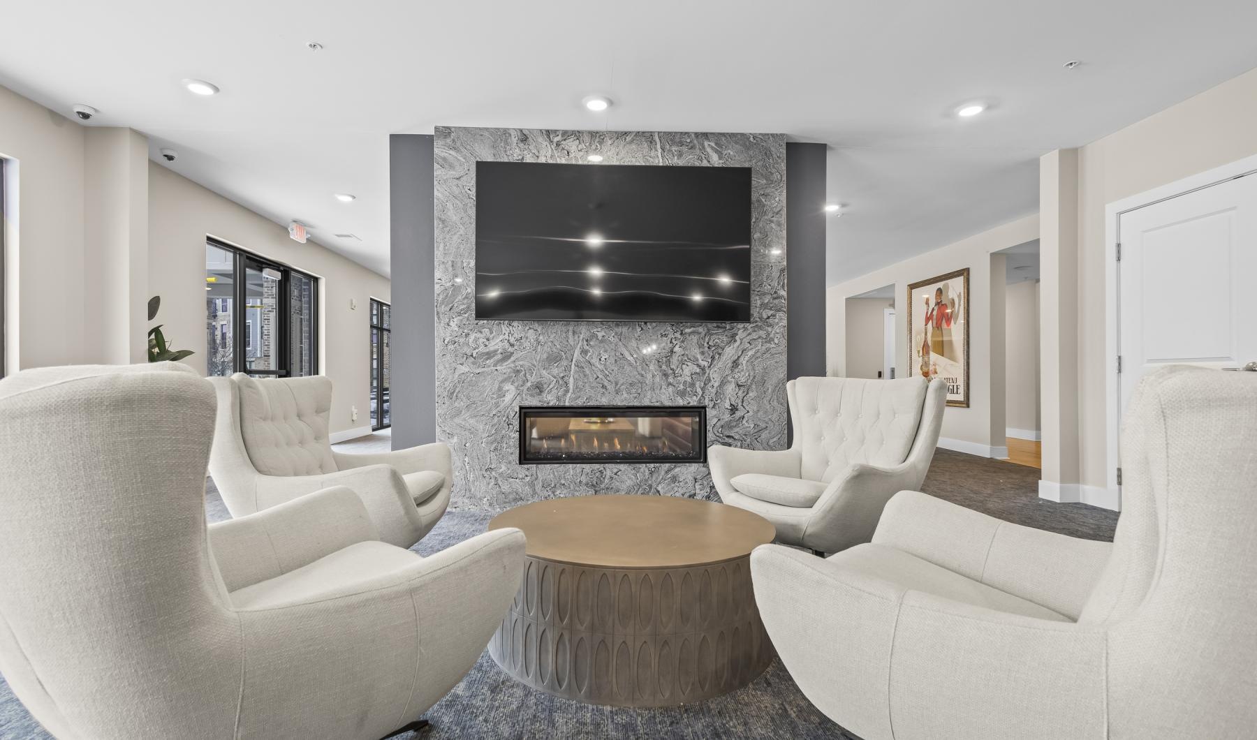 a living room with a fireplace