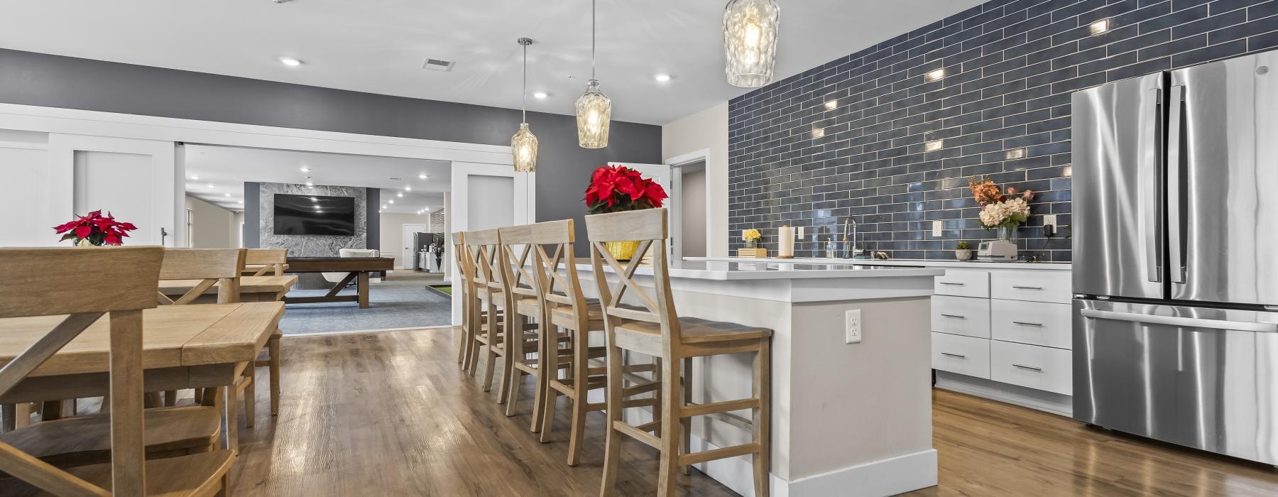 a kitchen with a wood floor